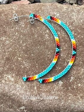 Turquoise with Native Colors Beaded Half Hoops, New, Handmade by Me